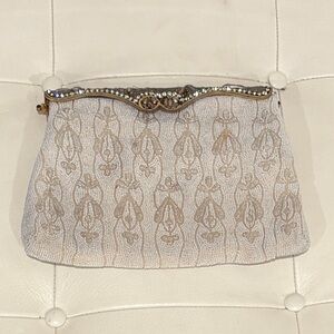 Vintage Leo Miller Hand Made Beaded Rhinestone in France Cream Clutch Bag